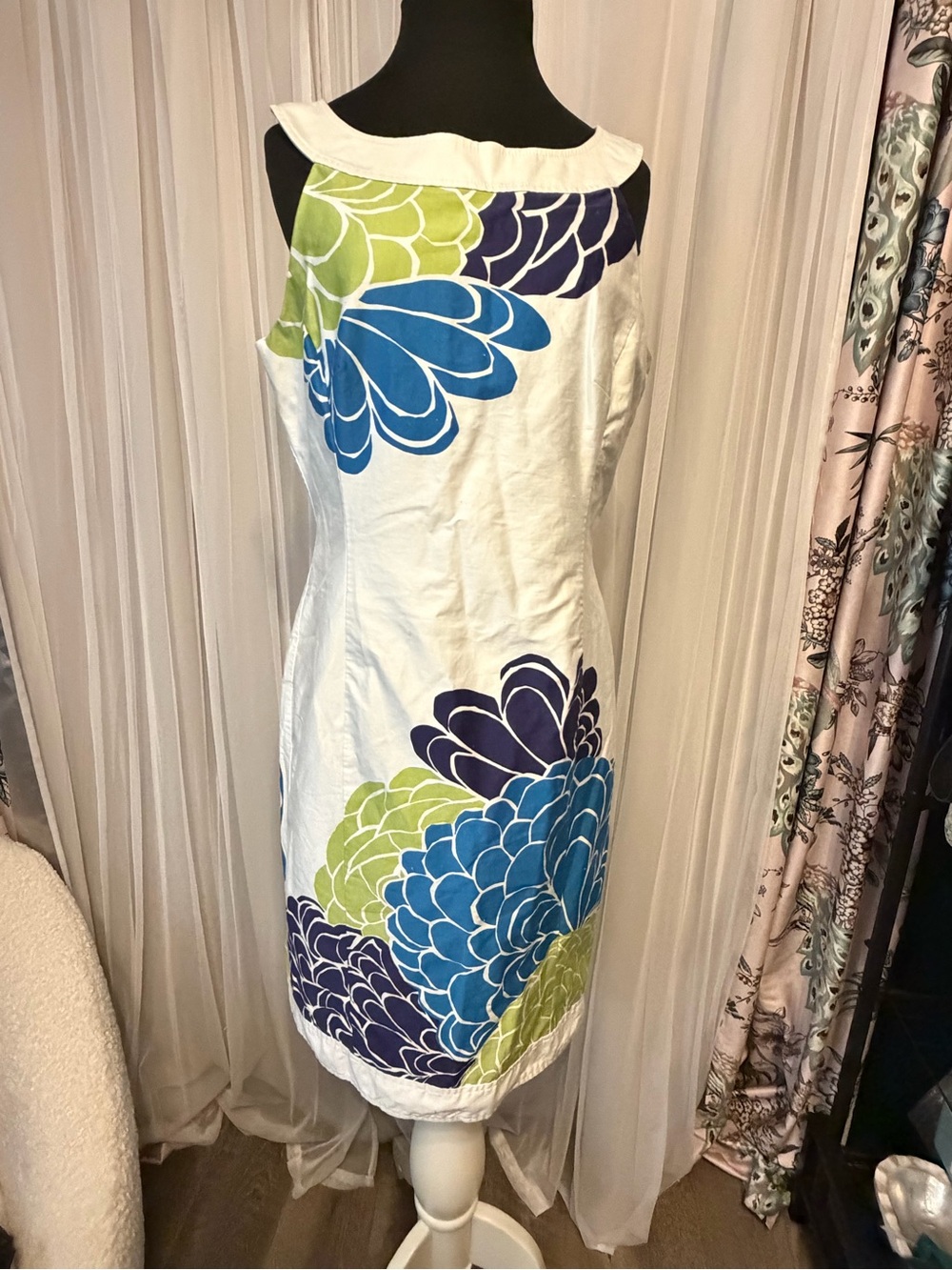 Jones Wear White Midi Dress with Blue, Green and Purple Floral Print